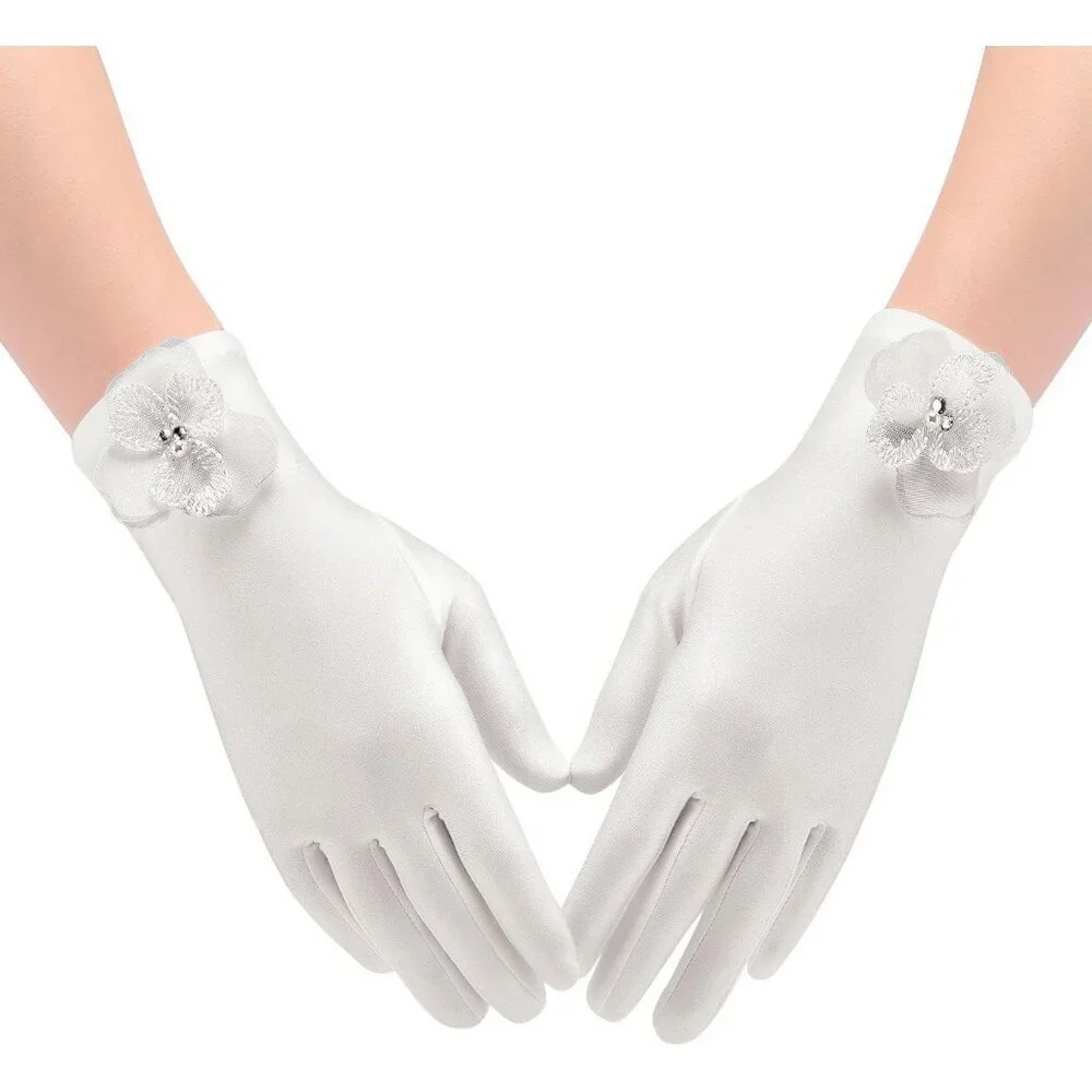 Women's Special White Flower Short Satin Gloves Formal Dress Wedding Dancing